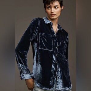 Anthropologie Pilcro Hadley Relaxed Velvet Shirt in Sapphire Blue Size XXS NWT